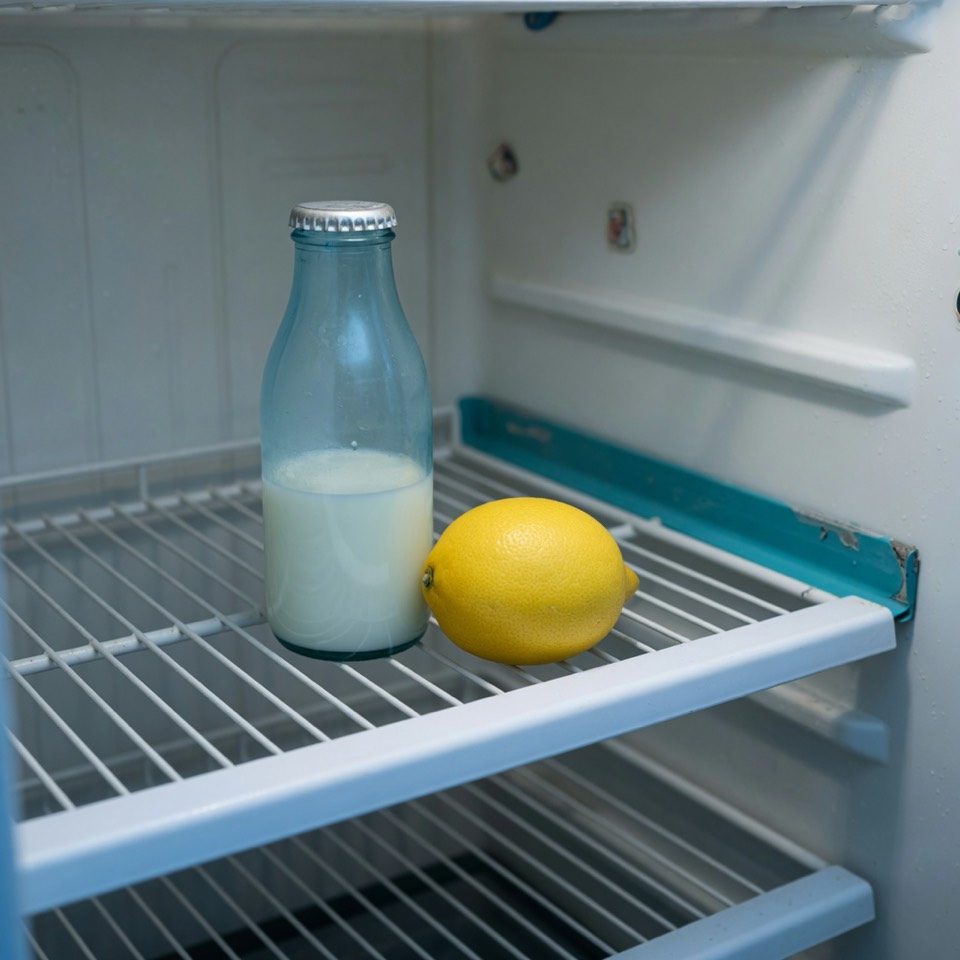 A nearly empty fridge shelf with milk and a lemon