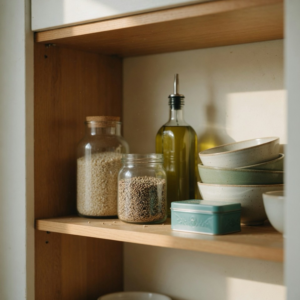 Glass jars, oil, and bowls on a pantry shelf