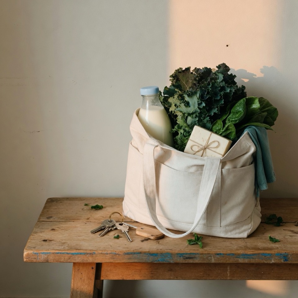 A canvas tote of groceries and soap on a wooden bench